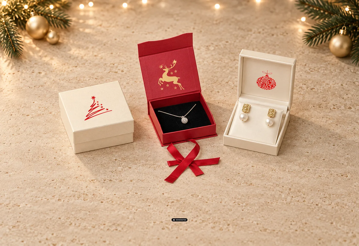 Three LESER jewellery packages for Christmas: box 0230 PLAIN in cream with the TREE design, case 0275 CELEBRATION in red with a gold stag inside and case 5530 BRILLIANT in cream with the BAUBLE design inside