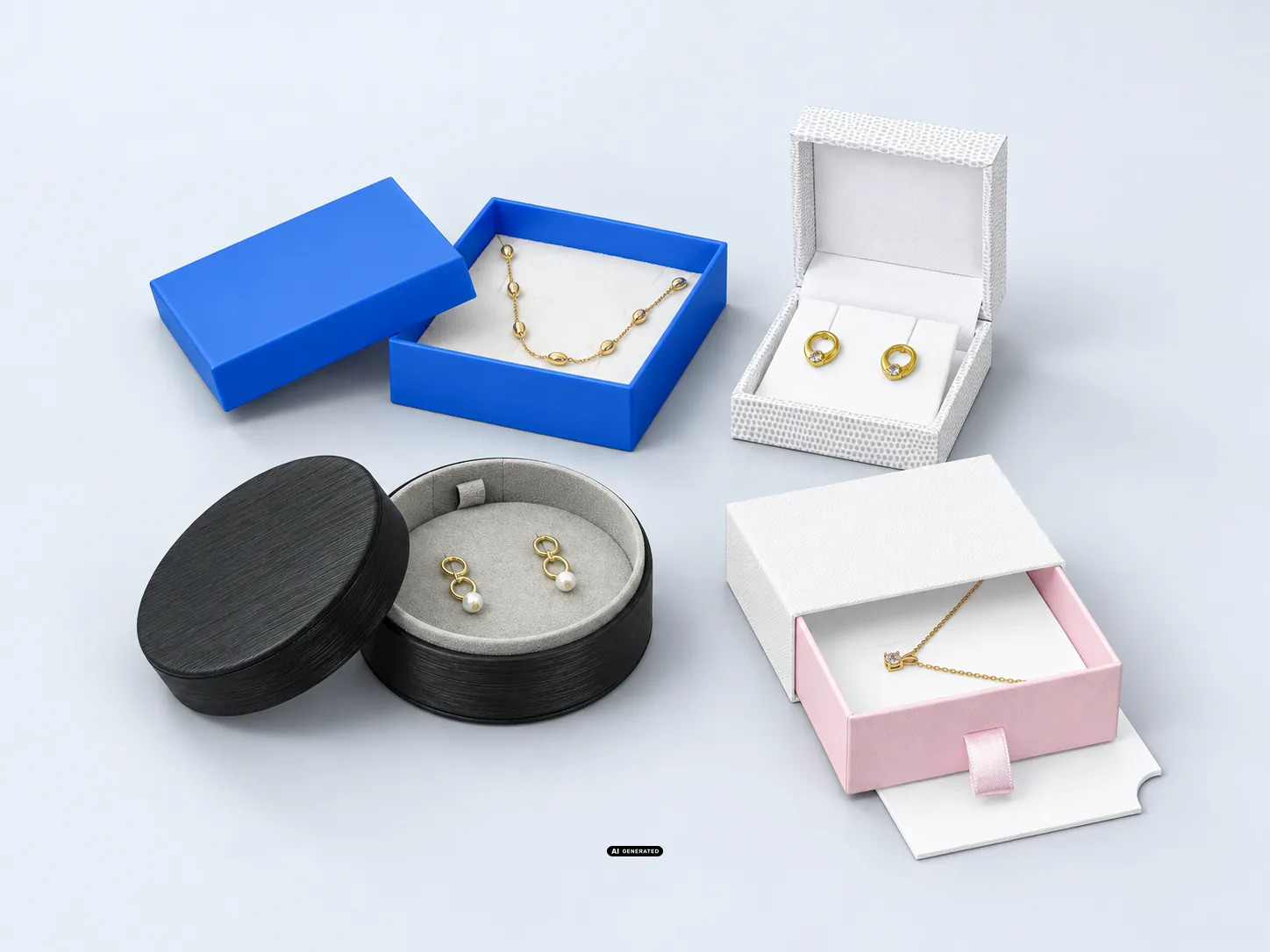 Jewellery packaging from the 1560 EARTH, 5920 ROUND, 5514 ROMA and 0830 CASE series with jewellery